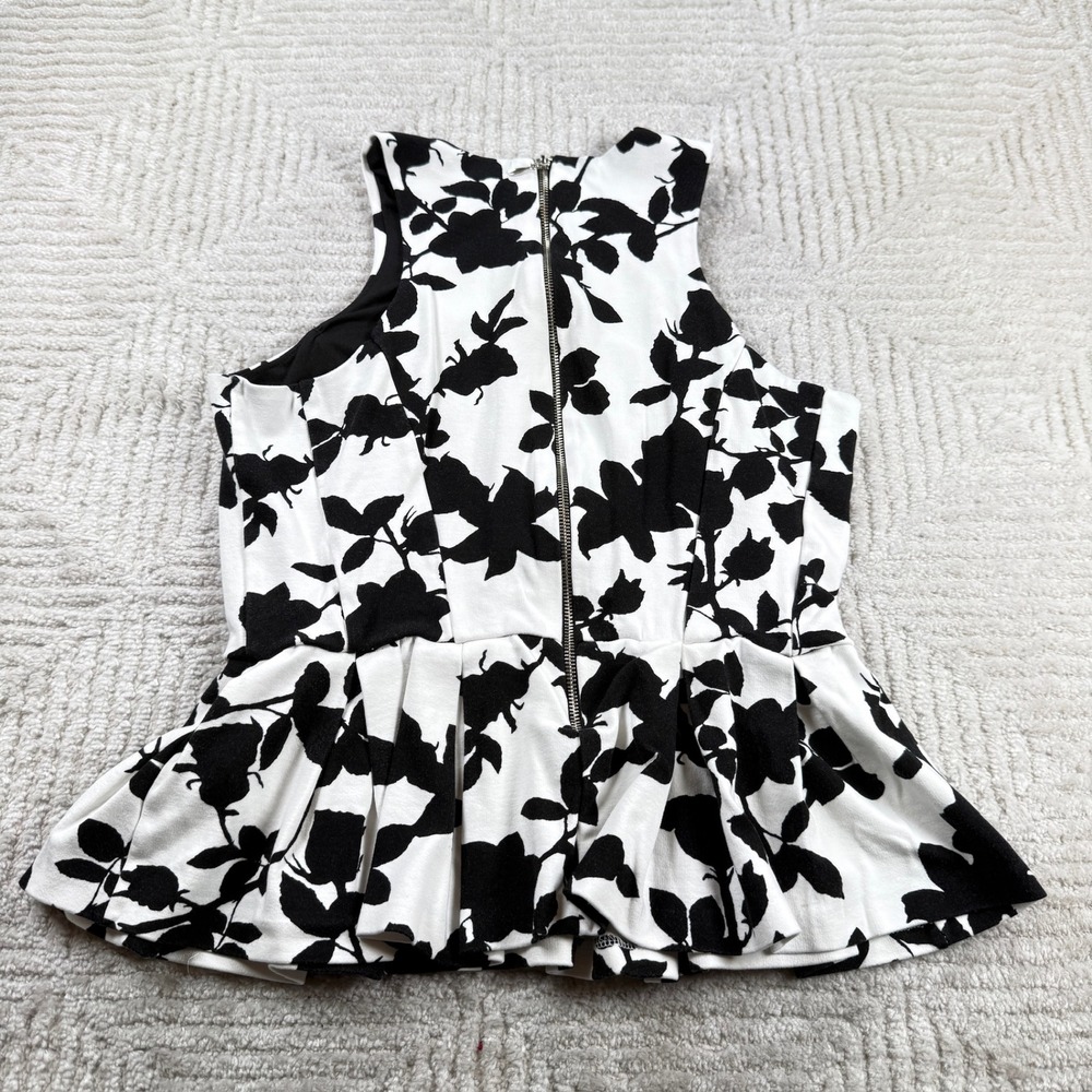 H&M Peplum Top Women's Large Black White Floral Sleeveless Office Chic Mod Work - Picture 2 of 7